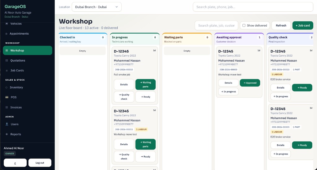 GarageFlow POS workshop board — live job cards by status
